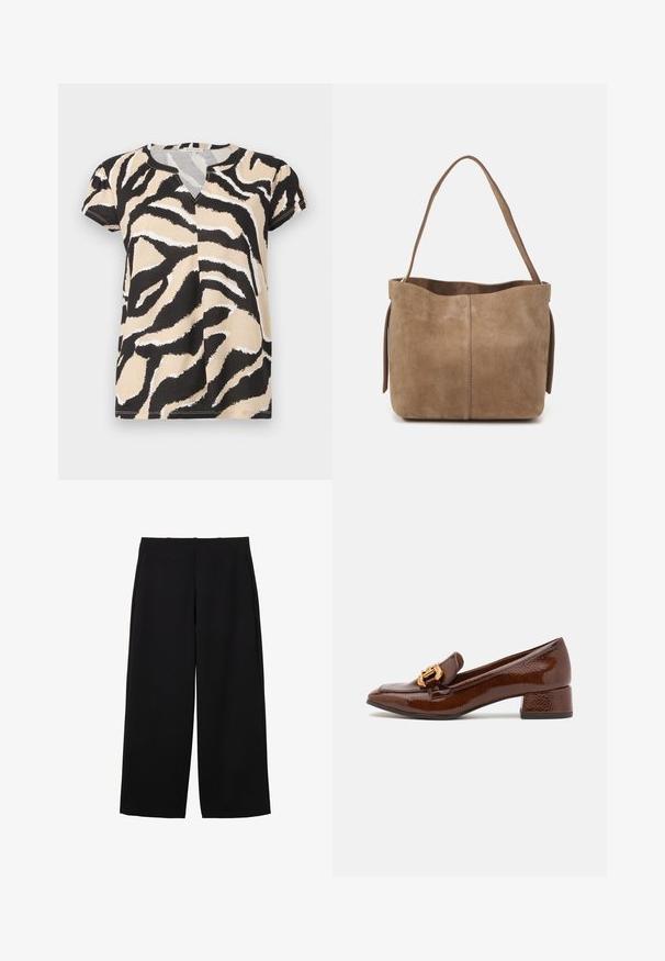 Kortærmet top med V-udskæring, der har et abstrakt zebra-print i sort, beige og hvidt på blødt stof. Casual pasform.; Sorte bredbenede bukser lavet af et struktureret stof med høj talje, der har frontfald og et rent design. Ingen synlige lommer eller hardware.; Brune læder loafers med en blank finish, der har en dekorerende guld spænde foran og en lav blokhæl. Klassisk design.; Brun ruskinds tote taske med en blød overflade, åben top og en enkelt skulderrem. Har en glat finish og minimal detaljer.
