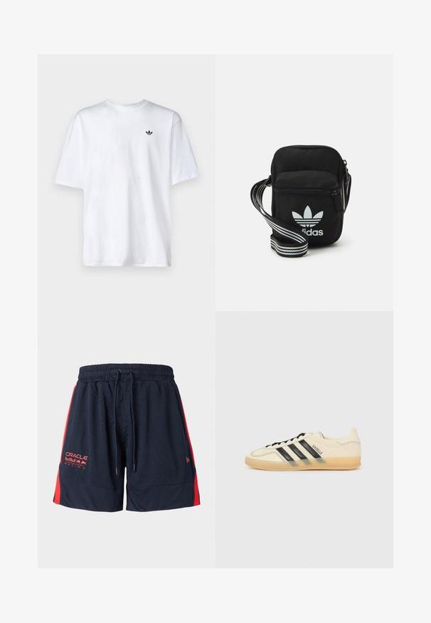 Valge puuvillane T-särk ümmarguse kaelusega ja lühikeste varrukatega, millel on rindkeres väike must Adidas logo.; Tumedas sinised võrkpüksid punaste külgpaneelidega. Omavad elastset vöökohta ja paela. Vasakul reitel on logo brodering.; Kerge kreemjasneaker mustade kolme triibuga disainiga, tekstureeritud ülemine osa, ümar varvas ja kummitald. Omab paelu ja brändimist külgedel.; Mustmust värvi risti koti, millel on tõmblukuga sulgemine, valge Adidas'i logo ja triibuline reguleeritav rihm mugavaks kandmiseks.