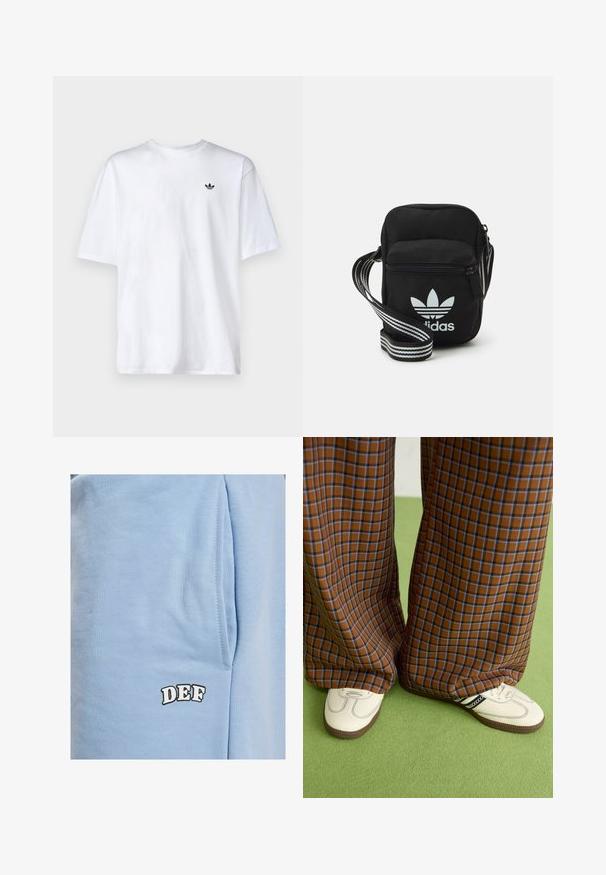 Valge puuvillane T-särk ümmarguse kaelusega ja lühikeste varrukatega, millel on rindkeres väike must Adidas logo.; DEF Lühikesed püksid - blue; Pruunide ja siniste ruuduliste laiad püksid, mille juurde on kombineeritud valged kingad mustade aktsentidega ja tekstuursete taldadega, roheline taust.; Mustmust värvi risti koti, millel on tõmblukuga sulgemine, valge Adidas'i logo ja triibuline reguleeritav rihm mugavaks kandmiseks.
