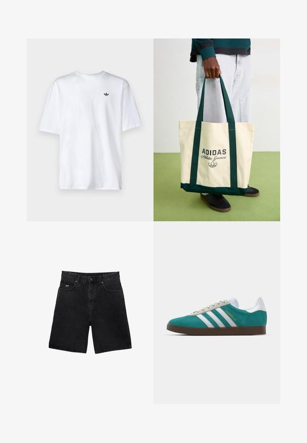 Vit bomulls t-shirt med rund halsringning och korta ärmar, med en liten svart Adidas-logotyp på bröstet.; Svarta denimshorts med rak klippning, fem fickor, knäppning med metallknapp och subtil logotyp på framfickan.; adidas Originals ADIDAS GAZELLE SHOES - Inomhusfotbollsskor - liverpool fc/sea green/footwear white; Person som håller en beige Adidas tote-väska med mörkgröna handtag, iförd ljusgrå byxor och svarta sneakers på grön golv.