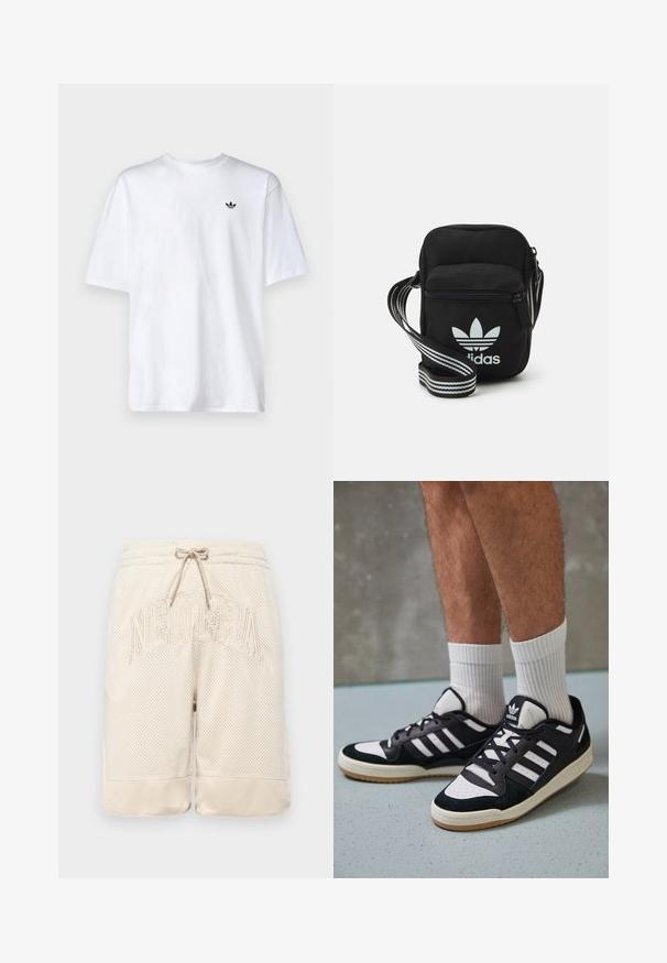 Bijela pamučna majica s okruglim izrezom i kratkim rukavima, s malim crnim Adidas logom na prsima.; Bež mrežaste šortse s teksturiranom površinom, koje imaju pojas na vezanje i istaknut "NEWERA" logo koji je ušiven sprijeda.; Crne i bijele tenisice s gornjim dijelom od antilopa i kože, s tri bijele pruge, perforiranim prstom i gumiranim potplatom.; Crna crossover torba od tkanine sa zatvaračem, sa bijelim Adidas logotipom i prugastim podešivim remenom za lako nošenje.