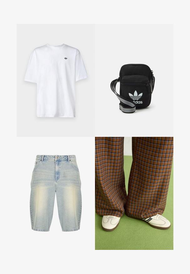 Biely bavlnený tričko s okrúhlym výstrihom a krátkymi rukávmi, s malým čiernym logom Adidas na hrudi.; Svetlomodré denim šortky s vyblednutým umývaním, s klasickým dizajnom piatich vreciek, pútkami na opasok a rovnými nohavicami.; Hnedé a modré kárované nohavice s širokými nohavicami skombinované s bielymi topánkami s čiernymi akcentmi a textúrovanými podrážkami, umiestnené na zelenom pozadí.; Čierna textilná crossbody taška so zipsovým uzáverom, ktorá má biele logo Adidas a pruhovaný nastaviteľný popruh pre jednoduché nosenie.