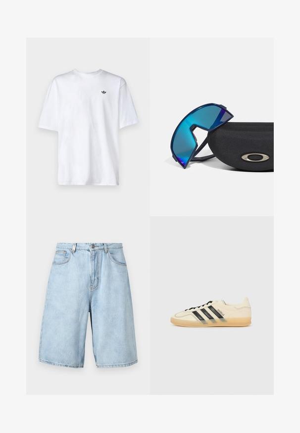 Balta medvilnė marškinėliai su apykakle ir trumpomis rankovėmis, su mažuoju juodu Adidas logotipu krūtinėje.; Šviesiai mėlyni džinsiniai šortai su laisvu pjūviu, turintys dvi priekinės kišenes, užtrauktuką ir matomus siūlės akcentus.; Šviesiai kreminiai sportbačiai su juodu trikampiu dizainu, tekstūruota viršutinė dalis, apvalus pirštas ir guminiu padu. Yra raišteliai ir ženklas šone.; Mėlynai tonizuoti apvalūs akiniai nuo saulės su sportiniu dizainu, ilsintys ant tekstūruoto juodo dėklo, kuris turi metalinį logotipą.