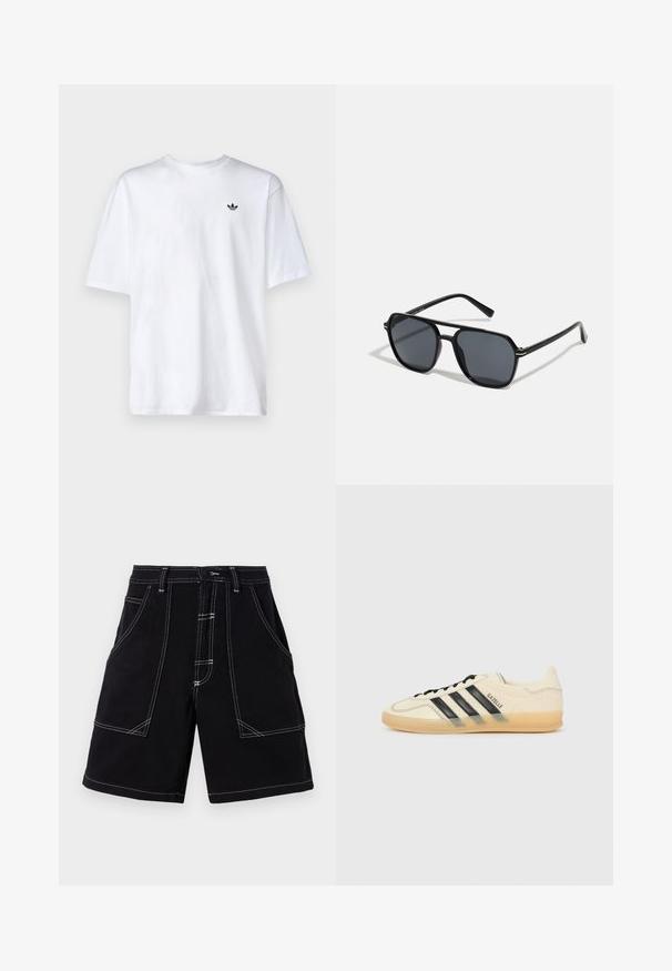 Hvid bomulds T-shirt med rund halsudskæring og korte ærmer, med et lille sort Adidas-logo på brystet.; Sorte cargo shorts med hvid kontrastsyning, mange lommer og lige pasform. Lavet af holdbart stof med en glat tekstur.; Lys cremefarvet sneaker med sort tre-stribe-design, tekstureret overdel, rund tå og gummisål. Har snørebånd og branding på siden.; Sorte solbriller med oktagonal stel, mørke linser, blank overflade, fine stænger og guldaccenter på forsiden.