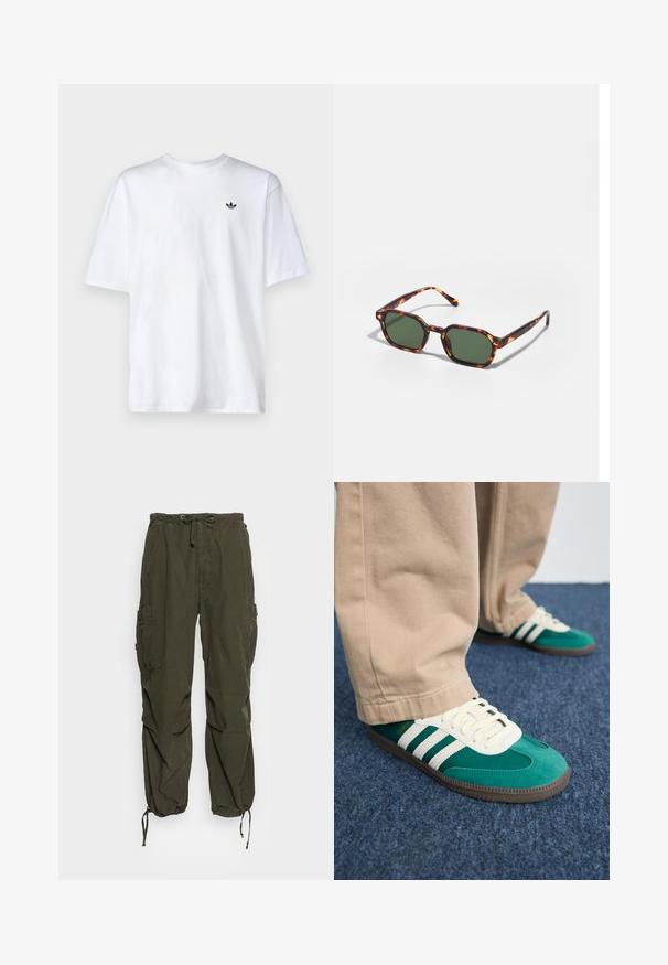 Witte katoenen t-shirt met een ronde halslijn en korte mouwen, met een klein zwart Adidas-logo op de borst.; Cargo pants in olijfgroen, met een elastische tailleband met trekkoord, meerdere zakken en verstelbare boorden voor een tapered pasvorm.; Groene suède sneakers met witte strepen, getextureerde veters en een bruine rubbersole. Gecombineerd met beige broek op een blauwe tapijten achtergrond.; Tortoiseshell zonnebrillen met groene glazen, met een octagonaal formaat en slanke, gebogen armen. Materiaal heeft een glanzende afwerking.