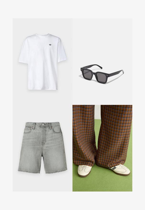 Bílé bavlněné tričko s kulatým výstřihem a krátkými rukávy, na hrudi s malým černým logem Adidas.; Šedé denimové šortky s klasickým střihem, vybavené knoflíkovým zapínáním, předními kapsami a nerovným lemem. Jemné vyblednutí po celé látce.; Hnědo-modré kostkované široké kalhoty doplněné bílými botami s černými akcenty a texturovanou podrážkou, umístěné na zeleném pozadí.; Černé obdélníkové sluneční brýle s tmavými skly, disponující silným rámem, decentními akcenty po stranách a bez viditelných log kromě názvu značky.; Černá messenger taška vyrobená z hladkého materiálu, s překlopným víkem, stříbrnými sponkami a nastavitelným ramenním popruhem.