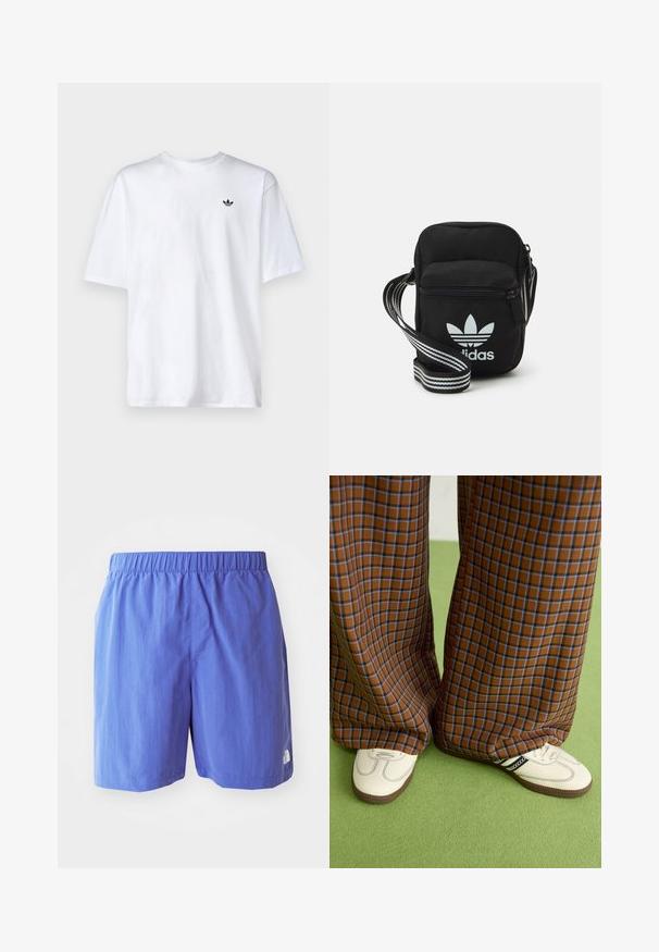 Balts kokvilnas T-kreklis ar apaļu apkakli un īsām piedurknēm, ar mazu melnu Adidas logo uz krūtīm.; Violetas peldbikses ar elastīgu jostu. Izgatavotas no viegla auduma, ar mazu logotipu labajā apakšējā stūrī.; Brūni un zili rūtaini platās kājas bikses, kas savienotas ar baltām kurpēm ar melniem akcentiem un teksturētām zolēm, uz zaļa fona.; Melna auduma crossbody soma ar rāvējslēdzēja aizdari, kurai ir balts Adidas logo un svītrainas regulējamas siksnas ērtiem pārvietošanās veidiem.