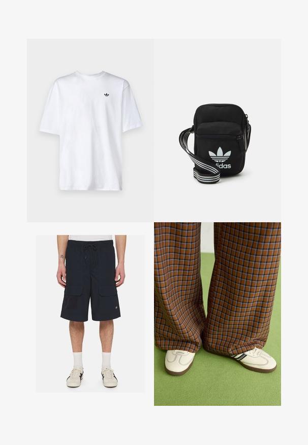 Camiseta blanca de algodón con cuello redondo y mangas cortas, que presenta un pequeño logo negro de Adidas en el pecho.; Pantalones cortos de carga en color marino con cintura elástica, cordón, dos bolsillos frontales y detalle de panel de malla. Hechos de tejido ligero, hasta la rodilla.; Pantalones de pata de elefante de cuadros marrones y azules combinados con zapatos blancos con detalles en negro y suelas texturizadas, sobre un fondo verde.; Bolso cruzado de tela negra con cierre de cremallera, que presenta un logo blanco de Adidas y una correa ajustable a rayas para un fácil transporte.