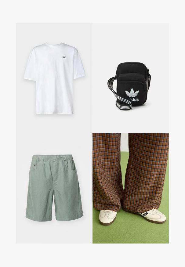 White cotton t-shirt with a round neckline and short sleeves, featuring a small black Adidas logo on the chest.; Light green shorts made of textured fabric with an elastic waistband, featuring two side pockets and minimal stitching details.; Brown and blue plaid wide-leg trousers paired with white shoes featuring black accents and textured soles, set against a green background.; Black fabric crossbody bag with a zipper closure, featuring a white Adidas logo and a striped adjustable strap for easy carrying.