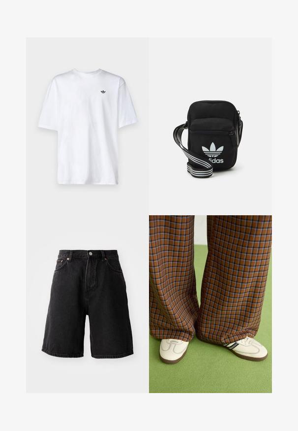 Witte katoenen t-shirt met een ronde halslijn en korte mouwen, met een klein zwart Adidas-logo op de borst.; Zwarte denim shorts met een losse pasvorm, voorzien van koperen hardware, vijf zakken en een rechte zoom. De stof heeft een zachte, gestructureerde oppervlakte.; Bruine en blauwe geruite wijde broek, gecombineerd met witte schoenen met zwarte accenten en een gestructureerde zool, gezet tegen een groene achtergrond.; Zwarte stoffen schoudertas met een ritssluiting, voorzien van een wit Adidas-logo en een gestreepte, verstelbare schouderband voor gemakkelijk dragen.