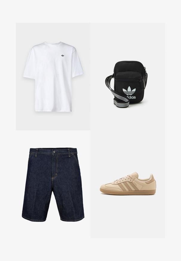 Hvitt bomull t-skjorte med rund hals og korte ermer, med en liten svart Adidas-logo på brystet.; Mørkeblå denimshorts med gul søm, med en frontknap, beltehemper og sidelommer. Glatt tekstur, knelang design.; Beige lær Sneakers med tre vandrette striber, rund tå, flad brun gummisål og blødt stoffór på kraven og tungen.; Svart stoff crossbody veske med glidelås, med en hvit Adidas-logo og enstripet justerbar stropp for enkel bæring.