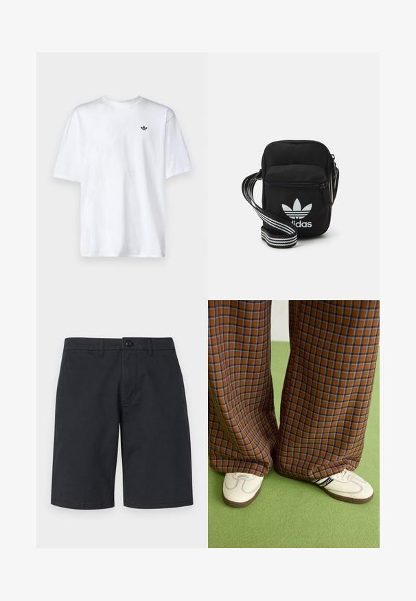 Bela bomba majica iz bombaža s okroglim izrezom in kratkimi rokavi, ki ima na prsih majhen črn Adidas logotip.; Tamno modri bombažni šorti klasičnega kroja, zapiranje na gumb in dva stranska žepa. Gladka tekstura brez vidnih vzorcev ali akcentov.; Rjave in modre kariraste hlače širokih nogavic, v kombinaciji z belimi čevlji, ki imajo črne poudarke in teksturirane podplate, na zeleni podlagi.; Črna tkaninska torbica čez ramo z zadrgo, ki vsebuje belo Adidasovo logo in pridelano naramnico z več črtami za enostavno nošenje.
