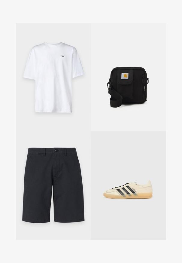 Camiseta branca de algodão com decote redondo e mangas curtas, apresentando um pequeno logótipo preto da Adidas no peito.; Calções de algodão azul-marinho com um corte clássico, fecho de botão e dois bolsos laterais. Textura suave e sem padrões ou detalhes visíveis.; Sapatilhas de creme claro com design de três riscas pretas, parte superior texturizada, bico redondo e sola de borracha. Apresenta atacadores e uma marca na lateral.; Bolsa transversal preta com um compartimento principal com fecho éclair, bolso frontal, alça ajustável e um logotipo visível na aba.