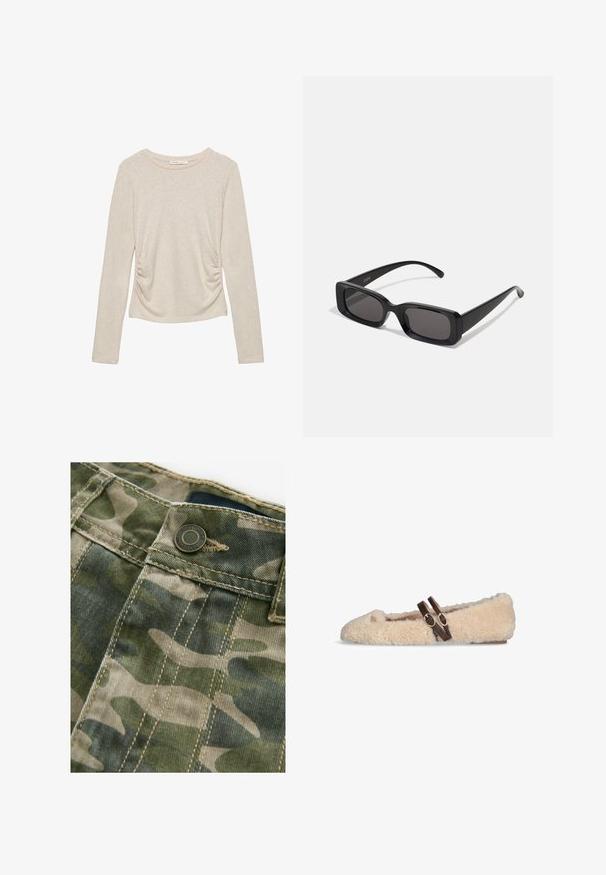 Beige långärmad topp med rund halsringning och rynkade detaljer på sidorna, tillverkad av ett mjukt, texturerat tyg.; Kamouflagemönstrad tyg med nyanser av grönt och beige, med synliga sömmar, en metallknapp och en slät textur.; Beige pälsiga platta skor med två justerbara spännen i mörkbrun färg över toppen och en liten guldemblem nära tån.; Svarta rektangulära solglasögon med mörka linser, glänsande yta, breda skalmar och en gedigen ramdesign. Graverat märke på ena skalmen.; Röd glansig läderhandväska med triangulär form, bred öppning upptill och ett enda krökt handtag. Slät textur med minimala sömnadsdetaljer.