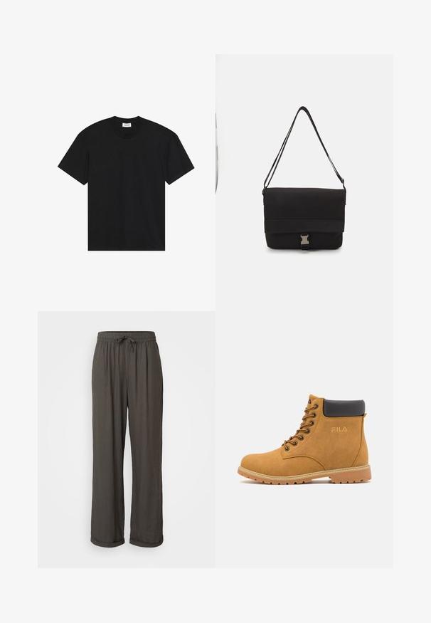 T-shirt noir à manches courtes en coton. Présente un col rond classique et une coupe décontractée sans motifs ni accents visibles.; Pantalons larges gris foncé avec taille à cordon, fabriqués dans un tissu doux et texturé, présentant des ourlets retroussés aux chevilles.; Bottines en daim tan avec un col rembourré noir, des œillets en métal et une semelle en caoutchouc texturée. Présente un logo en relief sur le côté.; Sac messager noir en matériau lisse, avec un rabat repliable, des fermoirs en métal argenté et une bandoulière réglable.; Trois anneaux en or : un anneau en forme de carré avec une petite pierre, un anneau texturé avec des stries, et un anneau lisse et poli avec deux cannelures.