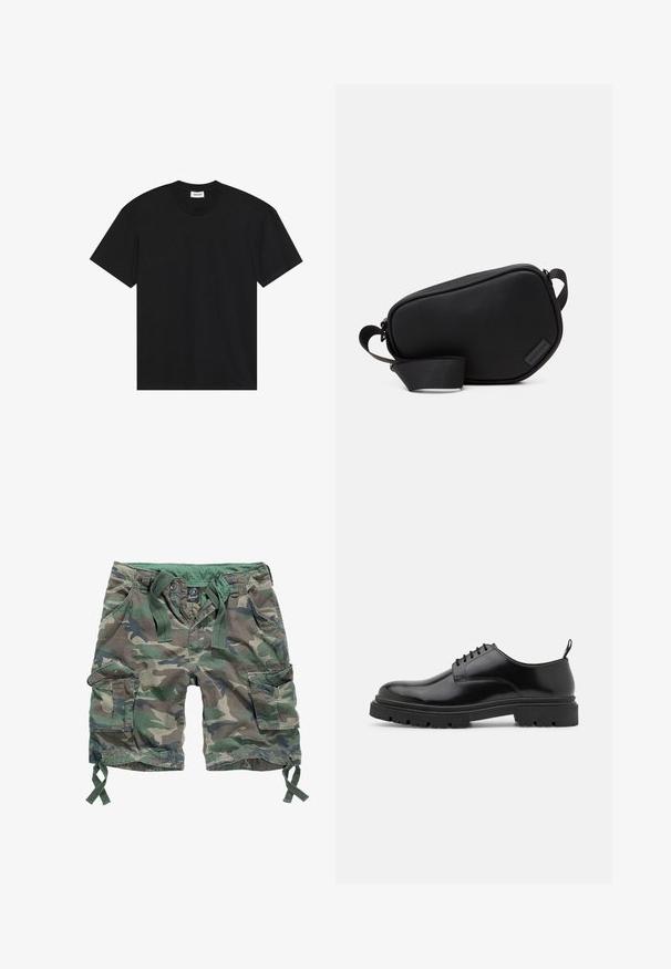 Crna kratka majica s kratkim rukavima od pamuka. Ima klasičan okrugli izrez i opušteni kroj bez vidljivih uzoraka ili naglasaka.; Kargo šortsevi u kamuflažnom uzorku, s više džepova, elastičnom strukom s vezicama i pamukom.; Crne kožne cipele na vezivanje s zaobljenim prstima, glatkom površinom i rebrastim gumenim potplatom. Imaju mali potpeticu i petnu traku za lakše obuvanje.; Crna torba preko ramena sa patentnim zatvaračem, izrađena od glatkog materijala, s ravnim oblikom, jednom trakom i malim logotipom. Minimalistički dizajn.
