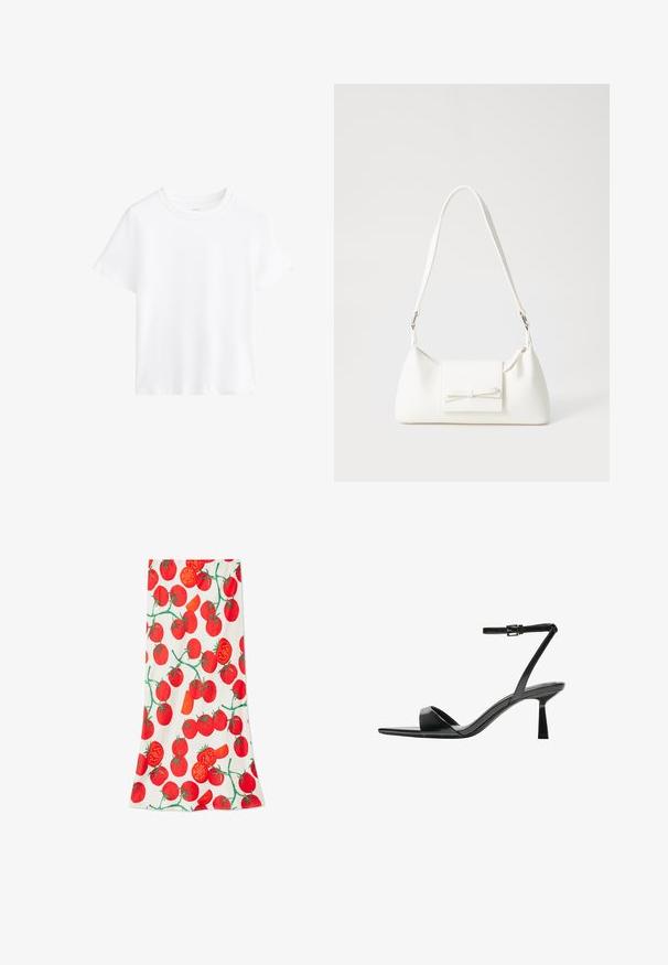 Biela bavlnená tričko, krátke rukávy, kulatý výstrih, voľný strih, hladká textúra, žiadne vzory ani akcenty, jednoduchý dizajn, všestranný štýl.; Never Fully Dressed TOMATO DORRIS SKIRT - Maxisukňa - white; Bershka Sandále na vysokom opätku - black; Biela syntetická kabelka s trojuholníkovým tvarom, plochým predným klapkou a detailom mašle, nastaviteľným popruhom, hladkou textúrou a minimalistickým dizajnom.