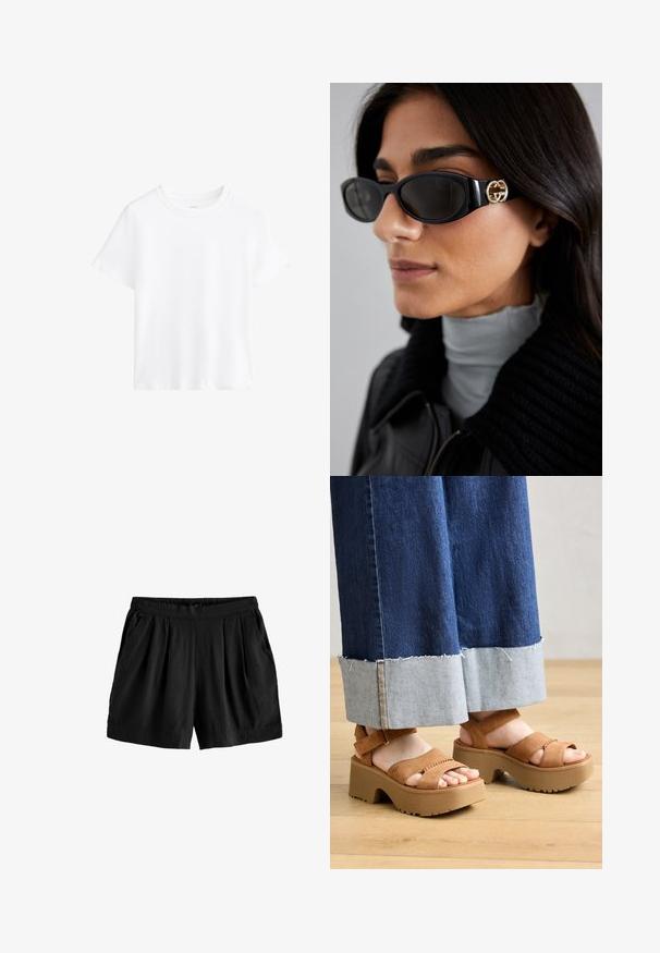 T-shirt bianco in cotone, maniche corte, scollatura rotonda, vestibilità comoda, texture liscia, senza fantasie o dettagli, design semplice, stile versatile.; Next Shorts - black; Sandali platform in suede marrone con doppie cinghie, dotati di una suola testurizzata e un tacco spesso e sagomato. Indossati con pantaloni in denim.; Occhiali da sole neri con una montatura rettangolare elegante e un accento del logo dorato sul lato. Le lenti scure e la finitura lucida sono evidenti.; Borsa a mano in pelle nera con una texture liscia, forma arrotondata, dettagli in hardware dorato e doppi manici. Presenta un lucchetto decorativo sul lato.
