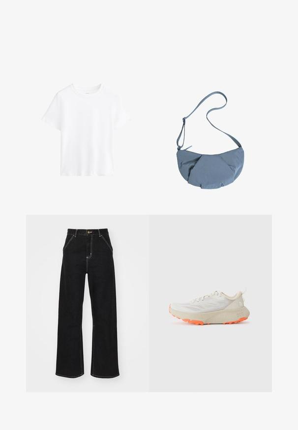 White cotton t-shirt, short sleeves, round neckline, relaxed fit, smooth texture, no patterns or accents, simple design, versatile style.; Black wide-leg jeans made of denim, featuring contrasting white stitching and a front button closure, with two angled front pockets.; Light gray athletic shoe with breathable mesh upper, textured cream midsole, and bright orange rubber outsole. Features lace-up design and pull tab.; Gray fabric crossbody bag with a rounded shape, featuring a gathered front design and a thin adjustable strap. Zipper closure at the top.