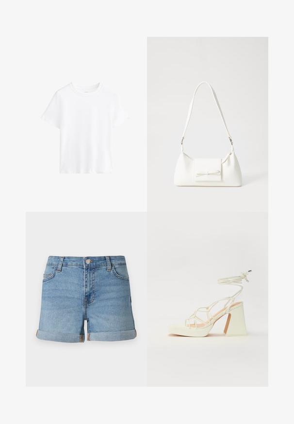 Biela bavlnená tričko, krátke rukávy, kulatý výstrih, voľný strih, hladká textúra, žiadne vzory ani akcenty, jednoduchý dizajn, všestranný štýl.; Svetlomodré deninové šortky s rolovanými spodnými okrajmi, zapínaním na prednom konci a dizajnom s piatimi vreckami, ktorý má kontrastné prešívanie.; Biele sandále na vysokom opätku s hrubým podpätkom, s pruhovaným dizajnom a viazaním na členku. Hladký povrch s platformou vpredu pre zvýšenú výšku.; Biela syntetická kabelka s trojuholníkovým tvarom, plochým predným klapkou a detailom mašle, nastaviteľným popruhom, hladkou textúrou a minimalistickým dizajnom.