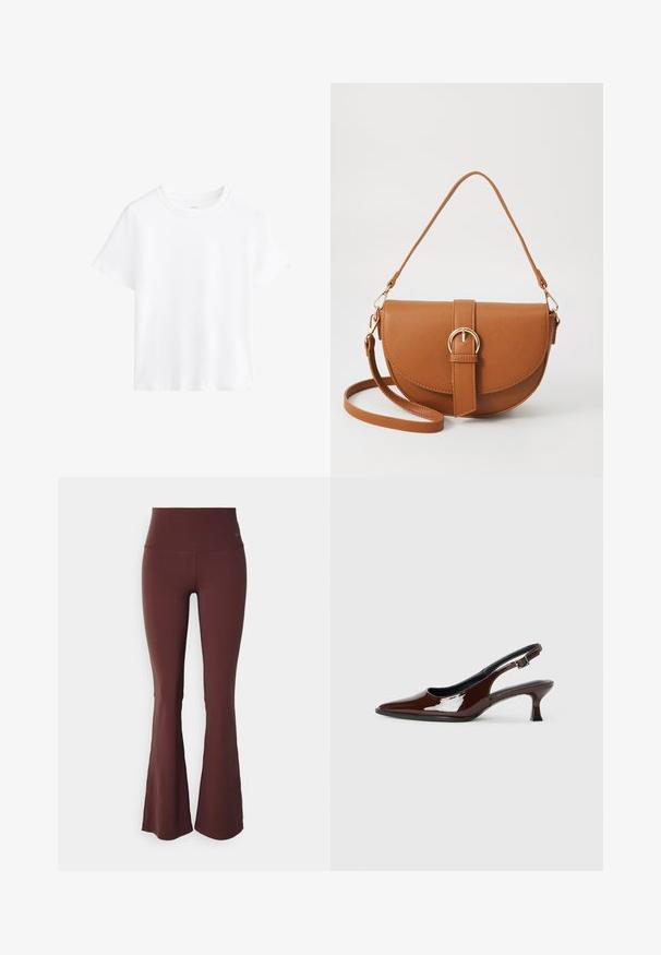 Biela bavlnená tričko, krátke rukávy, kulatý výstrih, voľný strih, hladká textúra, žiadne vzory ani akcenty, jednoduchý dizajn, všestranný štýl.; Bordové rozšírené legíny s vysokým pásom a hladkým, elastickým materiálom. Na hornej ľavej strane sa nachádza malé modré logo.; Hnedá lakovaná slingback obuv s špicatou špičkou a mierne vysokým opätkom. Obsahuje pracku pre bezpečné upevnenie. Hladká textúra.; Hnedá kožená kabelka cez telo s zakriveným tvarom, zlatými kovovými doplnkami a akcentom s prackou. Obsahuje odnímateľný ramenný popruh.