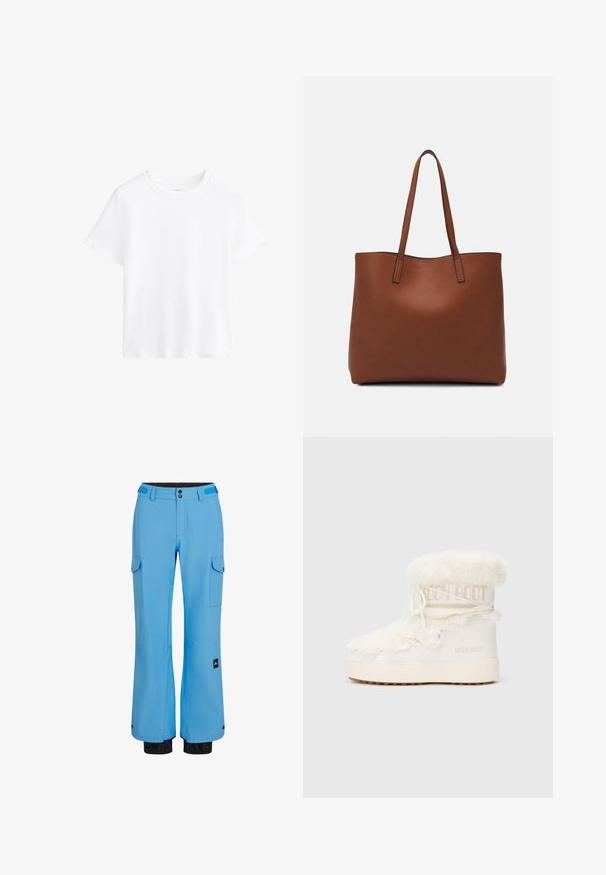 Bela bombažna majica, kratke rokave, okroglo izrezovanje, sproščen kroj, gladka tekstura, brez vzorcev ali dodatkov, preprost dizajn, vsestranski slog.; Modre smučarske hlače s ravno zasnovo, narejene iz vodoodbojnega materiala. Vključujejo cargo žepke in elastične manšete z črnimi akcenti.; Bela zimska čevlja Moon Boot z oblogo iz mehkega krzna, gladko zunanjostjo, zaobljeno obliko, debelim podplatom in kontrastnim rjavim gumijastim dnom. Ima vezalke in blagovno znamko.; Rjava usnjena torba z gladko teksturo, odprto zasnovo zgoraj in dvema naramnima trakovoma. Opremljena je z minimalnim šivanjem in brez vidnih kovinskih delov.