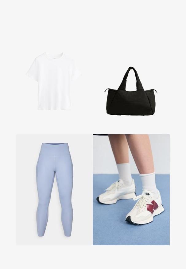 Fehér pamut póló, rövid ujjú, kerek nyakkivágású, laza szabású, sima textúrájú, minták és díszítések nélkül, egyszerű dizájn, sokoldalú stílus.; Világoskék sport léggings, magas derékkal, oldalsó zsebekkel és sima, rugalmas anyaggal a kényelem és a rugalmasság érdekében.; Fehér sneaker pár, bordó kiegészítőkkel, texturált panelekkel, lapos fekete talppal és világos fűzőkkel, fehér bokazoknival viselve.; Fekete táska pufi textúrával, két rövid fogantyúval és oldalzsebbel, amelyet húzózsinór rögzít. Egyszerű, szögletes forma.