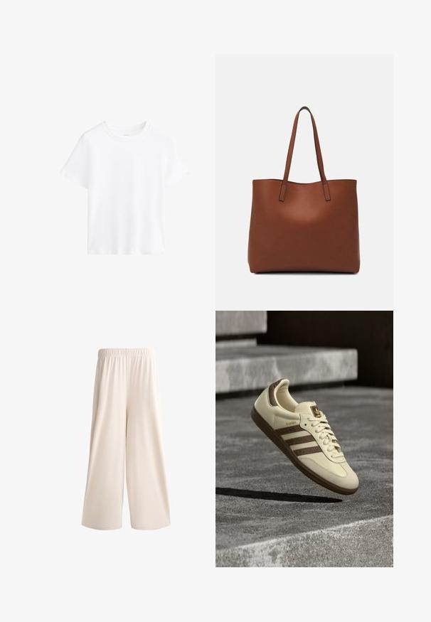 Fehér pamut póló, rövid ujjú, kerek nyakkivágású, laza szabású, sima textúrájú, minták és díszítések nélkül, egyszerű dizájn, sokoldalú stílus.; Széles lábú krém színű nadrág, elasztikus derékkal, sima anyagból, laza szabással, látható zsebek vagy díszítések nélkül.; Krém színű sportcipő barna résszel, texturált oldalsávokkal és sima bőr felülettel. Fűzős kialakítású és gumi talpú.; Barna bőr vászontáska sima textúrával, nyitott tetejű dizájnnal és két vállpánttal. Minimális varrással és látható hardver nélkül készült.