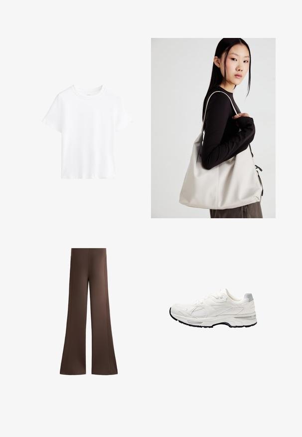 Fehér pamut póló, rövid ujjú, kerek nyakkivágású, laza szabású, sima textúrájú, minták és díszítések nélkül, egyszerű dizájn, sokoldalú stílus.; Barna, bő legű nadrág sima anyagból, oldalsó varratokkal és laza szabással, lefelé terebélyesedő végződésekkel, amelyek folyékony sziluettet kölcsönöznek.; Fehér sportcipő hálós és szintetikus felsőrésszel, textúrázott felületekkel, párnázott bokarésszel és fekete talppal. Fűzős kialakítás diszkrét díszítésekkel.; Puha anyagból készült bézs kézitáska, laza dizájnnal, varrott részletekkel és két vállpánttal. Mindennapi használatra alkalmas.