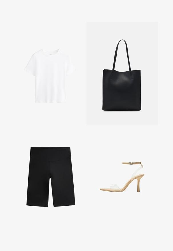 Fehér pamut póló, rövid ujjú, kerek nyakkivágású, laza szabású, sima textúrájú, minták és díszítések nélkül, egyszerű dizájn, sokoldalú stílus.; Fekete bicikalis nadrág elasztikus from anyagból készült. Magas derékrésszel, sima textúrával és térd hosszúságú, látható varrások vagy minták nélküli kivitelezéssel rendelkezik.; Átlátszó felsőrészű, áttetsző sarkú szandál, bézs talpbetéttel és vékony bokapánttal. Hegyes orral és vékony, magas sarokkal rendelkezik.; Fekete bőrtáska sima felszínnel, téglalap alakú, két hosszú füllel. Nincs látható fémkiegészítő vagy díszítés.