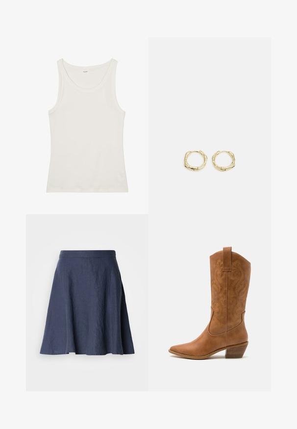 Top de algodón blanco sin mangas con un escote amplio y tirantes finos. Textura suave sin patrones o embellishments visibles.; Falda de lino azul marino con diseño acampanado, textura ligera, corte a media altura y detalles cosidos a lo largo de las costuras.; Bota de vaquero de cuero marrón claro con punta afilada, patrones de espiral bordados en el tubo y un tacón bloque apilado. Cuenta con una pestaña de agarre para facilitar su uso.; Pendientes de aro de oro con forma irregular y texturizada. Presentan un cierre sin costuras y un acabado pulido, destacando un diseño moderno.