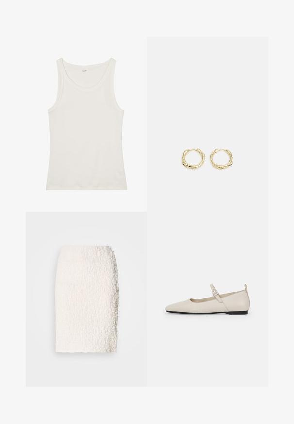 Balta kokvilnas topiņa ar platu kakla izgriezumu un plānām plecu lencēm. Gluda tekstūra bez redzamām apdrukām vai rotājumiem.; Balta teksturēta zīmēšanas svārki ar nedaudz pūkainu virsmu, līdz ceļiem, ar pieguļošu dizainu un bez redzamām aizdariem vai rotājumiem.; Baltās ādas Mary Jane kurpes ar smailu purngalu, sānu sprādzi un zemu melnu papēdi. Gluda tekstūra un minimālisma dizains.; Zelta riņķveida auskari ar tekstūru un neregulāru formu. Iekļauj bezšuvju aizdari un pulētu virsmas apdari, uzsverot mūsdienīgu dizainu.