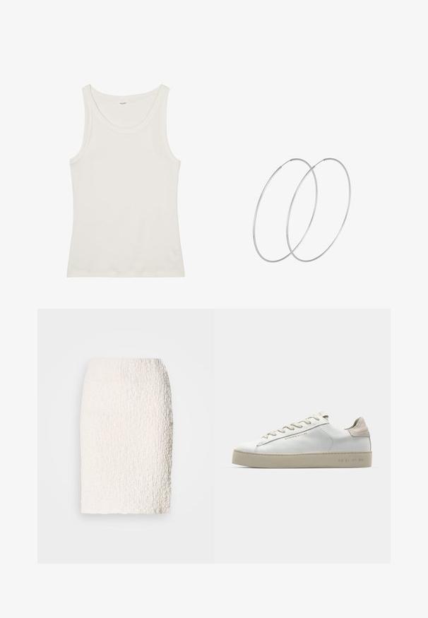 White cotton tank top with a wide neckline and thin shoulder straps. Smooth texture with no visible patterns or embellishments.; White textured pencil skirt with a slightly fluffy surface, knee-length, featuring a fitted design and no visible fastenings or embellishments.; White leather sneaker with a smooth finish, beige suede accents, round toe, flat lace-up design, and a textured rubber sole.; Silver hoop earrings with a minimalist design. Circular shape, smooth texture, and thin profile. Lightweight with a polished finish.