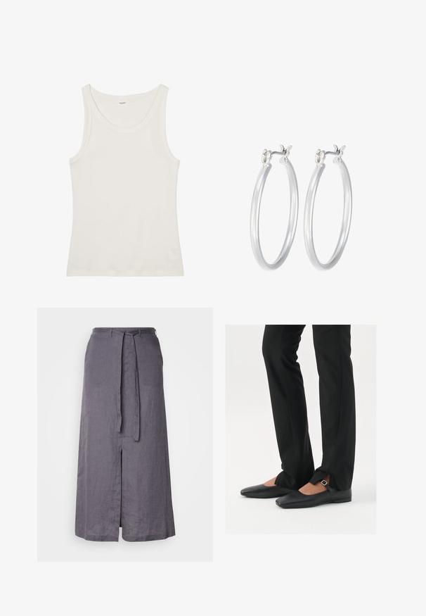 Balta kokvilnas topiņa ar platu kakla izgriezumu un plānām plecu lencēm. Gluda tekstūra bez redzamām apdrukām vai rotājumiem.; Pelēka lina midi svārki ar priekšējo šķēlumu, jostas saišu un gludu tekstūru, kas raksturojas ar vienkāršu dizainu un taisnu griezumu.; Melni ādas baleta zābaki ar smailo purngalu, siksniņa ar sudraba sprādzi, kombinēti ar melniem tailētiem biksēm ar šķēluma apakšdaļu.; Sudraba riņķveida auss gredzeni ar gludu, pulētu apdari. Apaļa forma un drošs klikšķa augšējais slēgums. Viegls dizains, kas piemērots ikdienas valkāšanai.