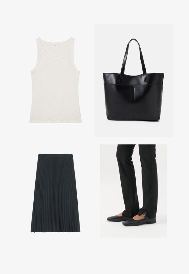 Top in cotone bianco a spalla larga con spalline sottili. Tessuto liscio senza motivi visibili o decorazioni.; Gonna midi plissettata di colore grigio scuro con vita elasticizzata. Presenta pieghe verticali su tutta la superficie per texture e movimento. Finitura in tessuto liscia.; Ballerine in pelle nera con punta appuntita, cinturino con fibbia in argento, abbinate a pantaloni neri su misura con orlo a spacco.; Borsa a tracolla in pelle nera con due manici lunghi, una texture liscia e una forma strutturata. Presenta una tasca frontale per ulteriore spazio di archiviazione.