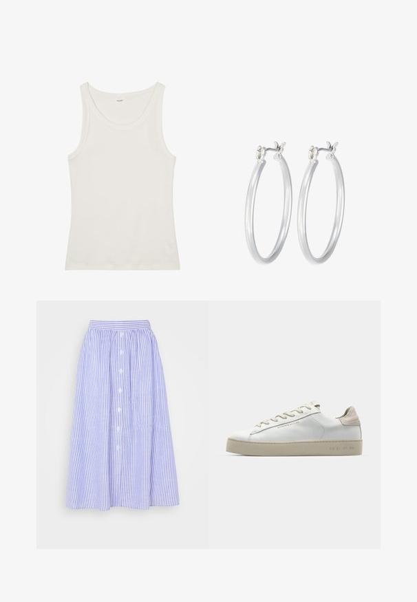 Valge puuvillane top, millel on lai kaelus ja õhukesed õlavarre rihmad. Sile tekstuur ilma nähtavate mustrite või kaunistusteta.; Hele lilla ja valge triibuline seelik, keskmise pikkusega, millel on voltidega vöökoht, nööpidega esiküljel ja peene tekstuuriga.; Valge nahast toss, millel on sile pind, beežist seemisnahast aktsendid, ümar nina, lame puuvillane pael ja tekstuuriga kummitald.; Hõbedased rõngaskõrvarõngad, millel on sile, läikiv viimistlus. Ümmargune kuju ja turvaline klõpsulatus. Kerge disain, sobib igapäevaseks kandmiseks.