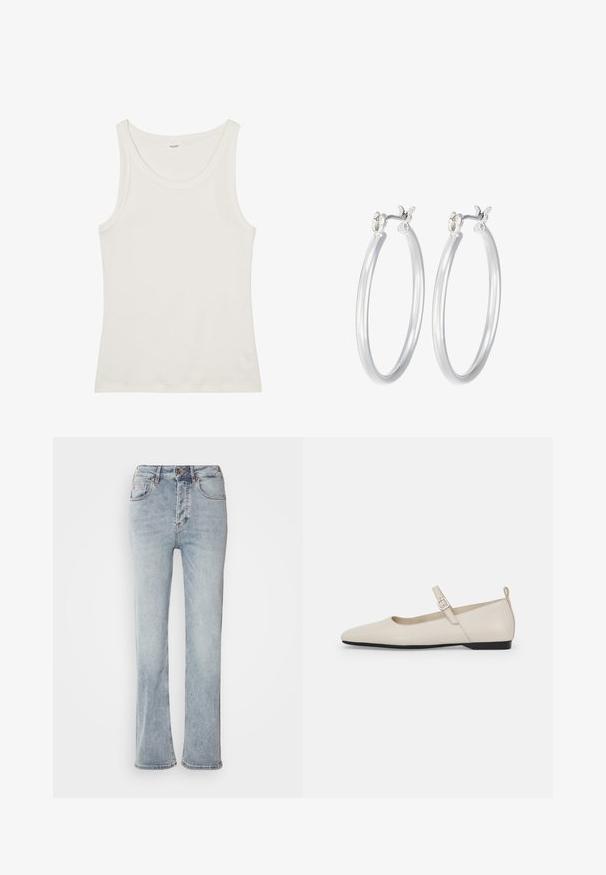 Bílý bavlněný top bez rukávů s širokým výstřihem a tenkými ramínky. Hladká textura bez viditelných vzorů nebo ozdob.; Světle modré džíny z denimu s vysokým pasem, rovného střihu a mírným rozšířením na lemu. Obsahují švy jako dekorativní prvek a zipový uzávěr.; Bílé kožené baleríny Mary Jane s špičatou špičkou, postranním sponou a nízkým černým podpatkem. Hladká textura a minimalistický design.; Stříbrné kruhové náušnice s hladkým, lesklým povrchem. Kulatý tvar a bezpečné zapínání na klip. Lehký design vhodný pro každodenní nošení.