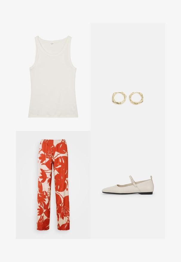 Biely bavlnený tielko s širokým výstrihom a tenkými ramienkami. Hladká textúra bez viditeľných vzorov alebo ozdôb.; Široké nohavice s kvetinovým vzorom v červenej a krémovej farbe, s elastickým pásom. Tkanina má hladkú štruktúru a obsahuje veľké vzory listov a kvetov.; Biele kožené Mary Jane balerínky s špicatou špičkou, postrannou sponou a nízkym čiernym opätkom. Hladká textúra a minimalistický dizajn.; Zlaté kruhové náušnice s textúrovaným, nepravidelným tvarom. Majú bezšvové uzatváranie a lesklý povrch, čo podčiarkuje moderný dizajn.