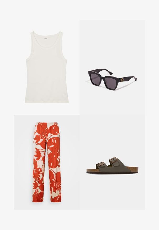 Witte katoenen tanktop met een brede halslijn en dunne schouderbandjes. Gladde textuur zonder zichtbare patronen of versieringen.; Rode en crèmekleurige bloemenpatroon wijde broek met een elastische tailleband. De stof heeft een zachte textuur en toont grote bladeren en bloemen ontwerpen.; Donkergroene slip-on sandaal met twee verstelbare banden en koperkleurige hardware, voorzien van een kurken voetbed en een gestructureerde rubberen zool.; Zwarte vierkante zonnebril met donkere lenzen, voorzien van gouden logo-accenten op de zijstukken en een matte afwerking. Hoekig ontwerp voor een gedurfde uitstraling.