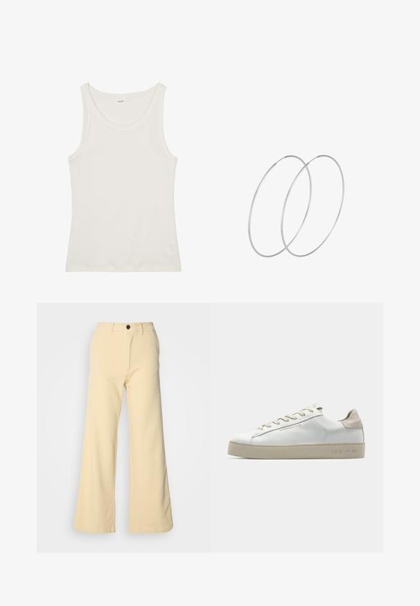 Vit bomullstopp med vid halsringning och tunna axelremmar. Slät textur utan synliga mönster eller dekorationer.; Breda byxor i ljusgul, tillverkade av en bomullsblandning. Har framknäppning, bälteshällor och två sidofickor.; Vit lädersneaker med en slät yta, beige mockadetaljer, rund tå, platt snörningsdesign och en texturerad gummisula.; Silverfärgade hoopörhängen med en minimalistisk design. Cirkulär form, slät yta och tunn profil. Lätta med en polerad finish.