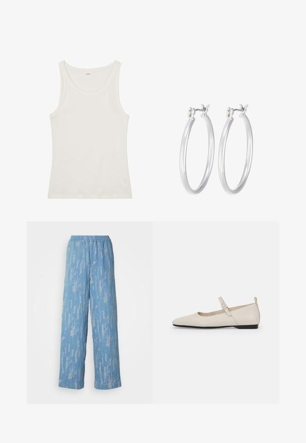 Balta medvilnės marškinėliai be rankovių su plačiu kaklu ir plonomis petnešėlėmis. Lygus paviršius be matomų raštų ar papuošimų.; Šviesiai mėlynos plačios kelnės pagamintos iš tekstūruotos medžiagos su subtiliu abstrakčiu raštu. Turi elastingą juosmenį patogumui.; Balti odiniai Mary Jane batai su smailiu priekiu, šoniniu užsegimu ir žemu juodu kulniuku. Sklandus paviršius ir minimalistinis dizainas.; Sidabriniai auskarai su sklandžiu, poliruotu paviršiumi. Apvalios formos ir saugus uždarymo mechanizmas. Lengvas dizainas, tinkantis kasdieniam dėvėjimui.