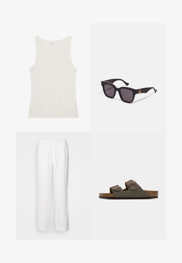 Balta medvilnės marškinėliai be rankovių su plačiu kaklu ir plonomis petnešėlėmis. Lygus paviršius be matomų raštų ar papuošimų.; Marc O'Polo PANTS JOGGER STYLE STRAIGHT LEG MEDIUM WAIST DRAWSTRING - Kelnės - white; Tamsiai žalia šlepetė su dviem reguliuojamais dirželiais ir vario spalvos detalėmis, su kamštiniu padu ir tekstūruotu guminiu padu.; Juodi kvadratiniai saulės akiniai su tamsiais objektyvais, su auksinėmis logotipo detalėmis ant šventyklų ir matinio finisuo. Kampuota forma, suteikianti drąsų įvaizdį.