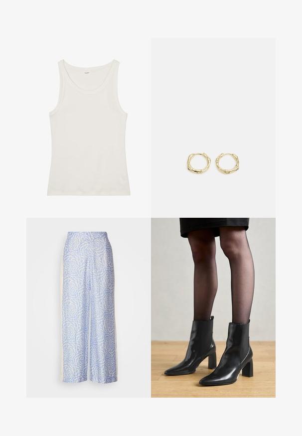 Weißes Baumwolltanktop mit weitem Ausschnitt und dünnen Schulterträgern. Glatte Textur ohne sichtbare Muster oder Verzierungen.; Hellblaue, weit geschnittene Hose mit einem strukturierten floralen Muster in Weiß. Hergestellt aus weichem Stoff mit einer glatten Oberfläche und einem hochgeschnittenen Design.; Schwarze Leder-Ankle-Boots mit spitzer Zehenform, klobigem quadratischem Absatz und schlankem Design. Verfügt über elastische seitliche Einsätze für leichtes An- und Ausziehen.; Goldene Creolen mit einer strukturierten, unregelmäßigen Form. Sie verfügen über einen nahtlosen Verschluss und eine polierte Oberflächenbehandlung, die ein modernes Design betont.