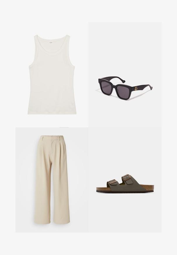 Valkoinen puuvillainen hihaton paita, jossa on leveä pääntie ja ohuet olkaimet. Sileä pinta ilman näkyviä kuvioita tai koristeita.; Beige levele lahkeet, joissa on korkea vyötärö, laskostettu etuosa ja sileä kangas. Ei näkyviä kiinnityksiä tai kuvioita.; Tummanvihreä liukuva sandaali, jossa on kaksi säädettävää hihnaa ja kuparinväriset yksityiskohdat. Sandaalissa on korkkipohja ja teksturoitu kumipohja.; Mustat neliönmuotoiset aurinkolasit tummilla linsseillä, joissa on kultaiset logo-akkentit tempuissa ja matta pinta. Kulmikas muotoilu rohkeaan ilmeeseen.