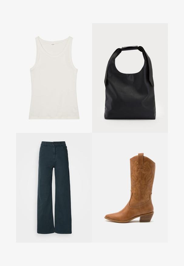 Bílý bavlněný top bez rukávů s širokým výstřihem a tenkými ramínky. Hladká textura bez viditelných vzorů nebo ozdob.; Kalhoty s širokými nohavicemi z tmavě šedé bavlněné směsi, s předním zapínáním na knoflík, poutky na opasek a dvěma bočními kapsami. Hladká textura s minimálními detaily.; Hnědé kožené kovbojské boty s špičatou špičkou, vyšívanými spirálovými vzory na štítech a s blokovým podpatkem. Obsahují poutko pro snadné obouvání.; Černá kůže hobo taška s jedním měkkým, zaobleným uchopem; má hladkou texturu a minimalistický design. Bez viditelného kovového doplňku nebo akcentů.; Stříbrné kruhové náušnice s hladkým, lesklým povrchem. Kulatý tvar a bezpečné zapínání na klip. Lehký design vhodný pro každodenní nošení.