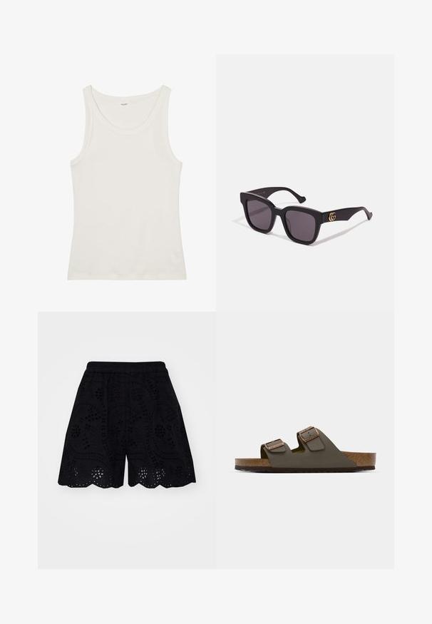 Top in cotone bianco a spalla larga con spalline sottili. Tessuto liscio senza motivi visibili o decorazioni.; Shorts neri con intricati motivi ricamati a intaglio, orlo a scallop e vita elasticizzata per un comfort ottimale.; Sandalo slip-on verde scuro con due cinturini regolabili e accessori in color rame, dotato di soletta in sughero e suola in gomma texturizzata.; Occhiali da sole neri a forma quadrata con lenti scure, caratterizzati da accenti in oro sul lato e una finitura opaca. Design angolare per un aspetto audace.