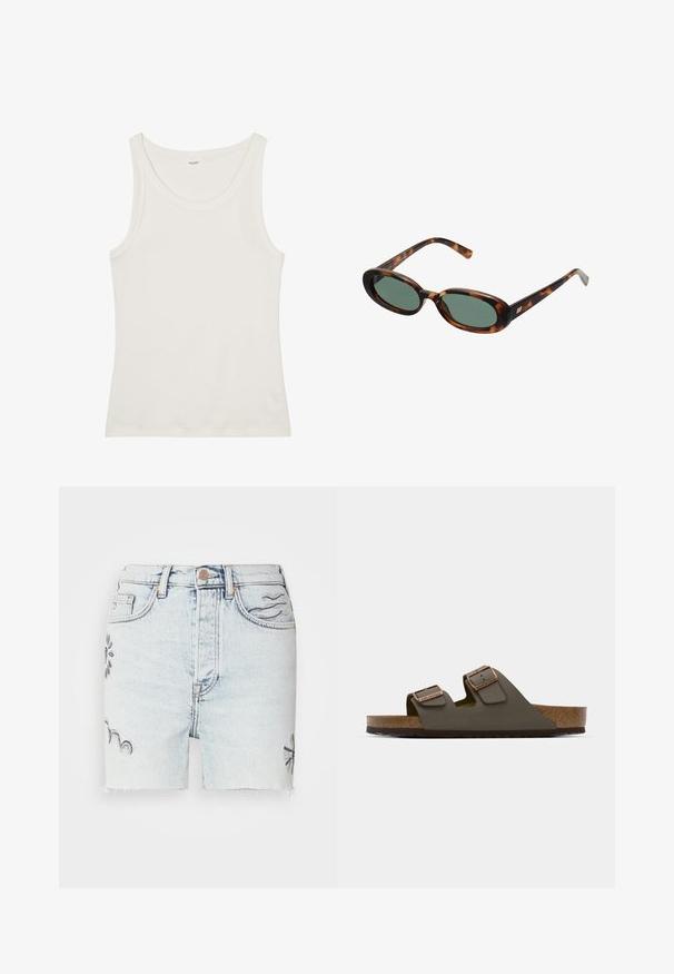 Witte katoenen tanktop met een brede halslijn en dunne schouderbandjes. Gladde textuur zonder zichtbare patronen of versieringen.; Licht gewassen denim shorts met een rafelige zoom, geborduurde bloemmotieven in blauw en traditionele vijf-pocket styling met metalen knoopsluiting.; Donkergroene slip-on sandaal met twee verstelbare banden en koperkleurige hardware, voorzien van een kurken voetbed en een gestructureerde rubberen zool.; schildpadbril met ovale monturen en groene lenzen. Heeft dunne spijlen met een metalen accent nabij de scharnieren.