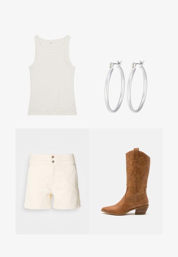 Biely bavlnený tielko s širokým výstrihom a tenkými ramienkami. Hladká textúra bez viditeľných vzorov alebo ozdôb.; Krémové denimové šortky s textúrovaným elastickým pásom, dvomi prednými vreckami a dvomi dekoratívnymi detailami gombíkov na páse.; Hnedé kožené kovbojské topánky s špicatou špičkou, vyšívanými vírivkami na štýle a blokovým podpätkom. Obsahuje praktický pútko na ľahké obúvanie.; Strieborné kruhové náušnice s hladkým, lesklým povrchom. Kolový tvar a bezpečné klikanie na uzatváranie. Ľahký dizajn vhodný na každodenné nosenie.