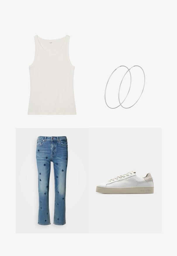 Balta kokvilnas topiņa ar platu kakla izgriezumu un plānām plecu lencēm. Gluda tekstūra bez redzamām apdrukām vai rotājumiem.; Gaiši zili džinsi ar taisnu kāju, ar tumši zilu ziedu izšuvumu un izbalējušām efektiem ap kabatām un apakšmalu.; Baltas ādas sporta apavi ar gludu virsmu, bēšas zamša akcenti, apaļa pirksta forma, plakans šņorēšanas dizains un tekstūrota gumijas zole.; Sudraba gredzenveida auskari ar minimālistisku dizainu. Cirkulāra forma, gluda tekstūra un plāns profils. Vieglu svaru ar spīdīgu apdari.