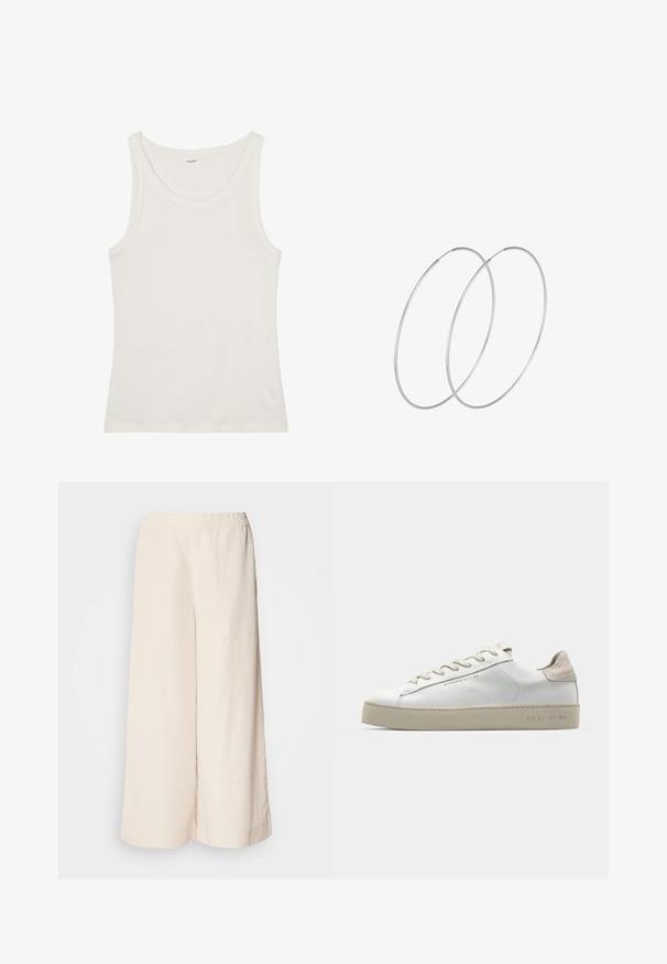 Valkoinen puuvillainen hihaton paita, jossa on leveä pääntie ja ohuet olkaimet. Sileä pinta ilman näkyviä kuvioita tai koristeita.; Kermainen väljät housut, joissa on joustava vyötärö, rento istuvuus ja sileä rakenne, sopivat arkivaatteiksi.; Valkoinen nahkakenkä, jossa on sileä pinta, beige mokkanahkavivahteita, pyöreä kärki, litteä nauhattava malli ja teksturoitu kumipohja.; Hopehope hopeilla, joissa on minimalistinen muotoilu. Pyöreä muoto, sileä pinta ja ohut profiili. Kevyet ja kiillotetut.